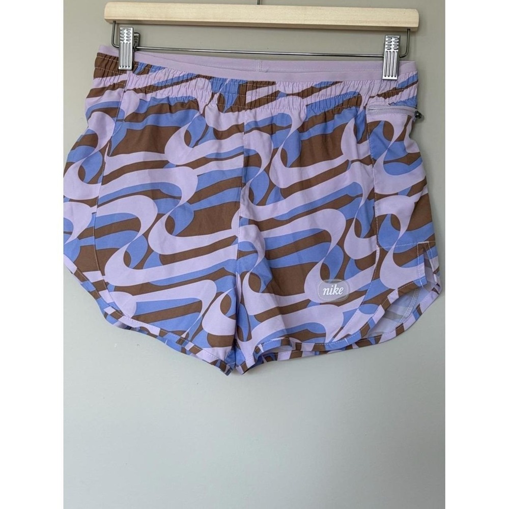 Nike Womens Swirl Print Running Shorts Lavender Blue Brown Zipper Pocket Small